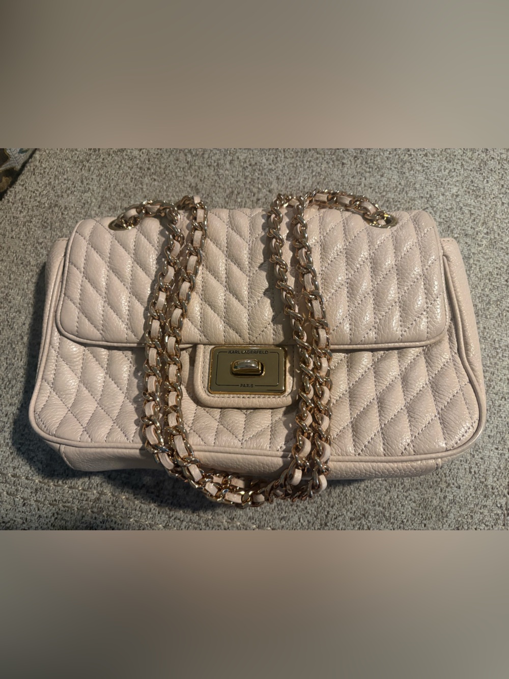 Karl Lagerfeld Quilted Cream Chain Shoulder Bag with Gold Hardware